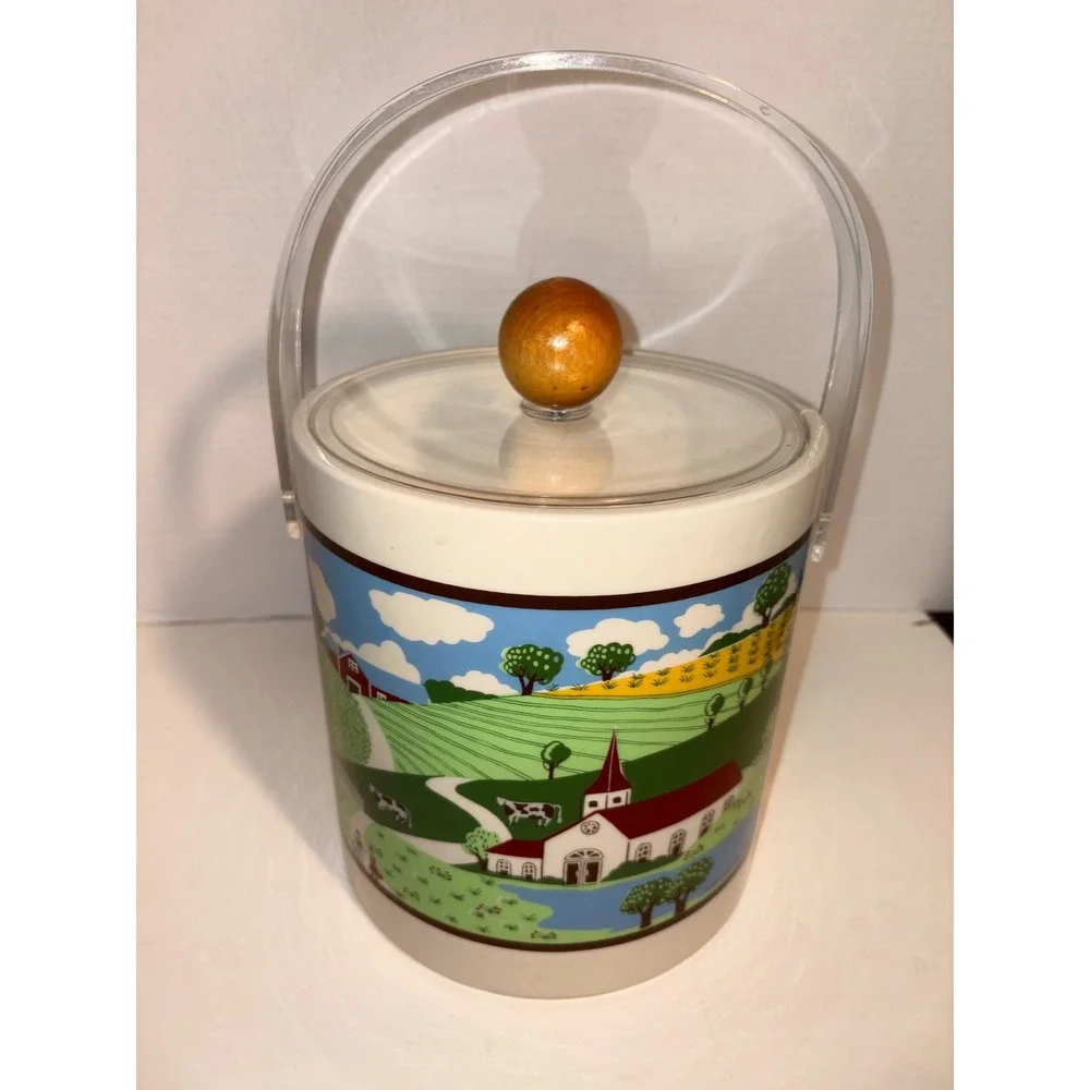 Vintage Folk Art Farm Scene Ice Bucket Insulated Acrylic Handle Wood Knob Lid